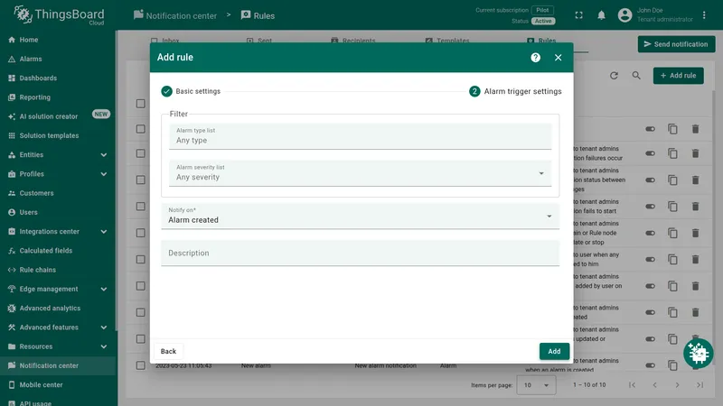 Add rule dialog — Alarm trigger settings step with Alarm type list set to Any type, Alarm severity list to Any severity, and Notify on set to Alarm created