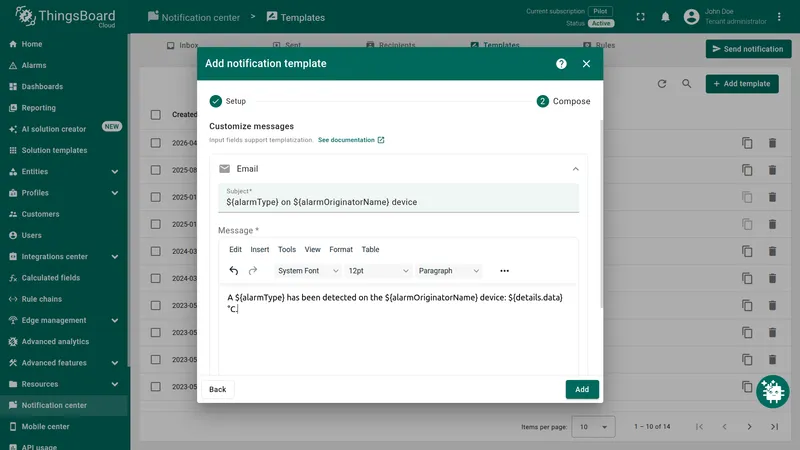 Add notification template dialog — Compose step showing the Email section expanded with Subject and Message fields filled in using alarm template variables