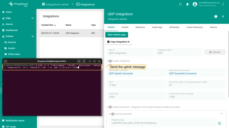 Integration Events tab showing uplink message with status OK
