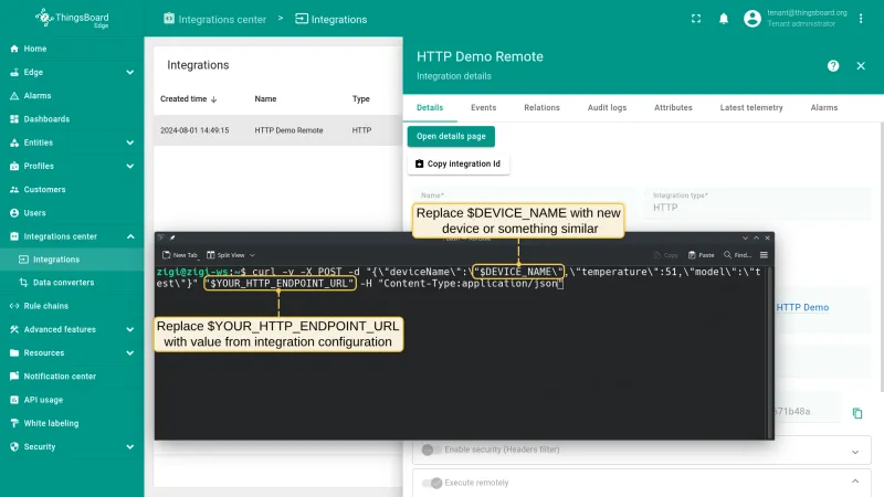HTTP endpoint URL on the Edge integration page