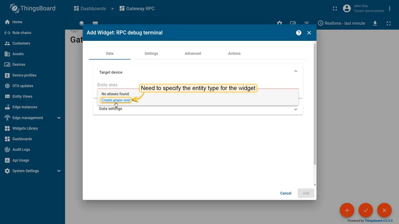 Widget entity selector with Create a new one option