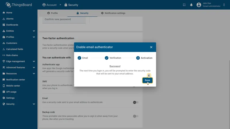 Enable email authenticator dialog — activation step showing success