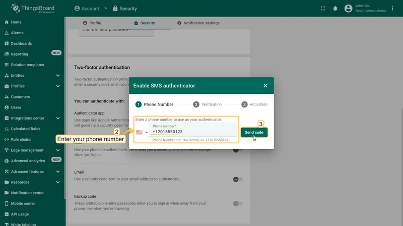 Enable SMS authenticator dialog — phone number entry step
