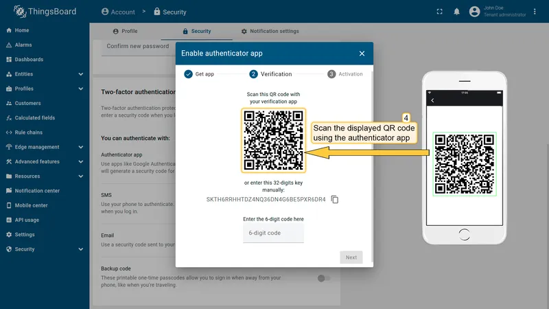 Enable authenticator app dialog — Verification step with QR code