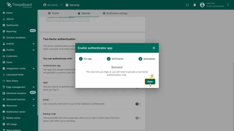 Enable authenticator app dialog — Activation step showing success