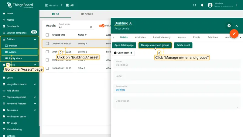 Open asset details and manage owner