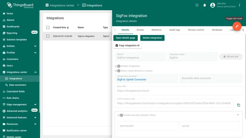 SigFox Integration details panel in view mode — uplink converter assigned, downlink converter field empty, Toggle edit mode button in the top right
