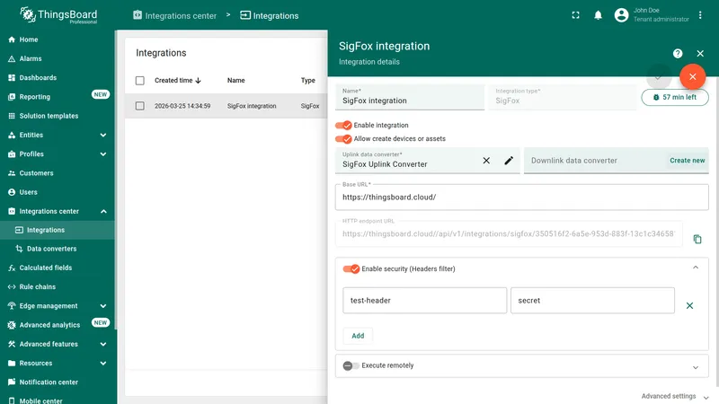 SigFox Integration in edit mode — Downlink data converter field empty with Create new button visible
