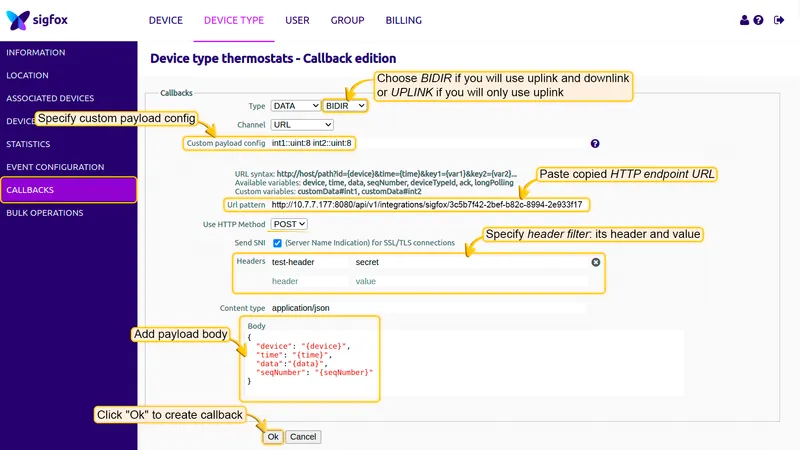 Sigfox Backend — Custom callback configuration: Type DATA BIDIR, URL pattern set to ThingsBoard endpoint, header filter added, JSON message body