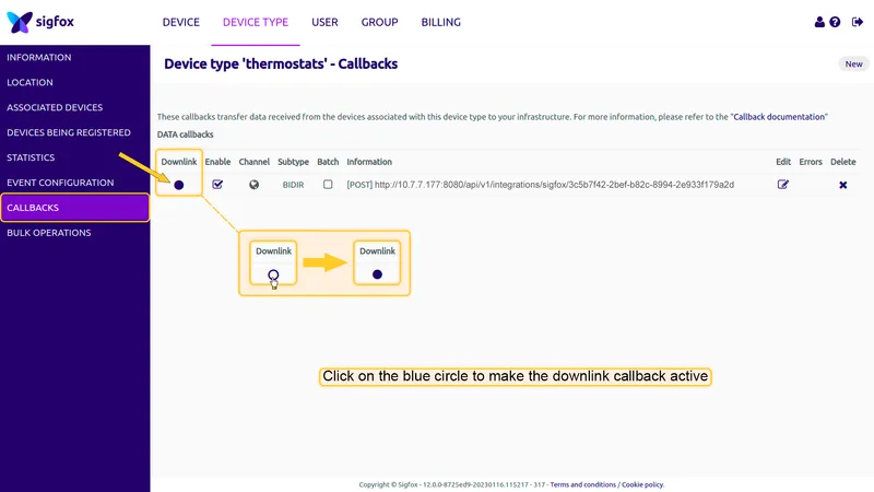 Sigfox Backend — Callbacks list showing the custom callback row with the Downlink toggle being clicked to activate it