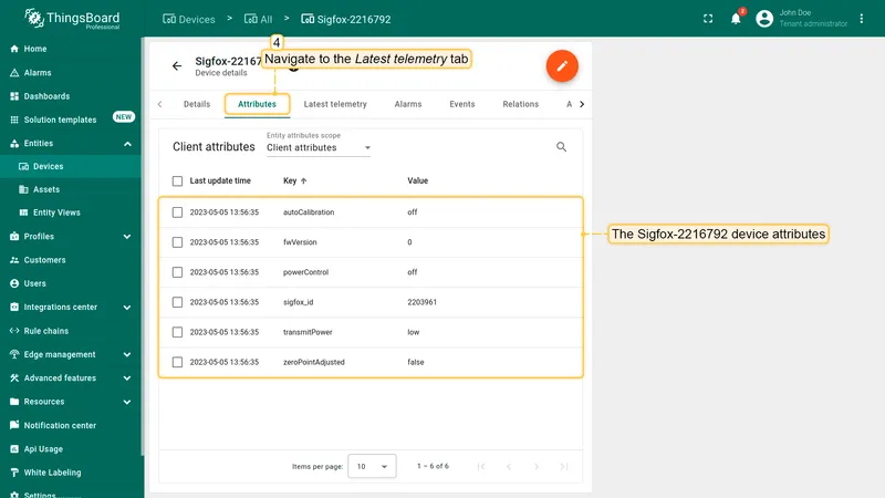 Device Attributes tab showing autoCalibration, fwVersion, powerControl, sigfox_id, transmitPower, zeroPointAdjusted
