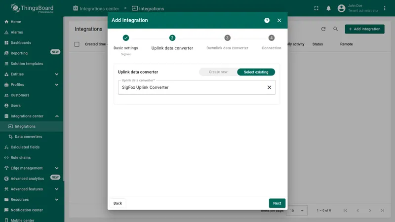 Add integration wizard — Uplink data converter step: Select existing tab active with SigFox Uplink Converter selected