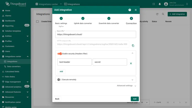 Add integration wizard — Connection step: HTTP endpoint URL shown, Security enabled with test-header key-value pair