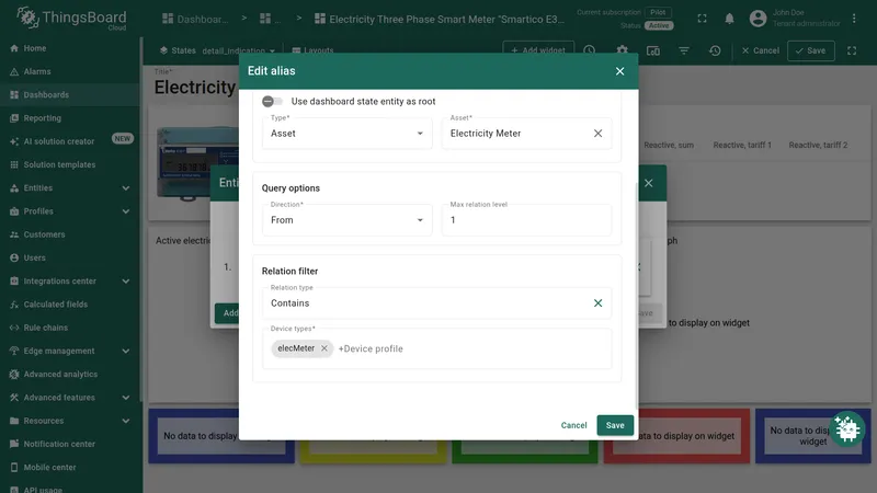 Dashboard alias configuration linking the widget to the Electricity Meter asset