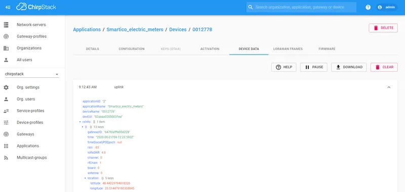 ChirpStack device page showing live data frames from device 0012778