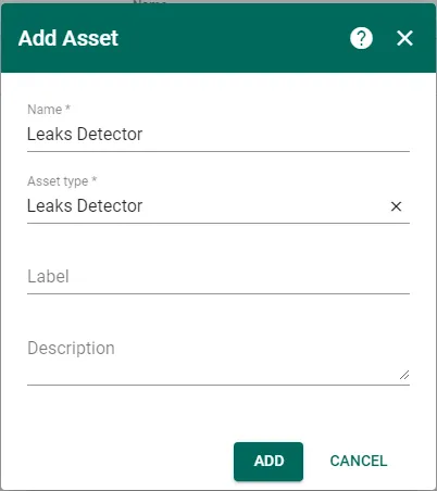 ThingsBoard Assets page creating a new leaks detector asset