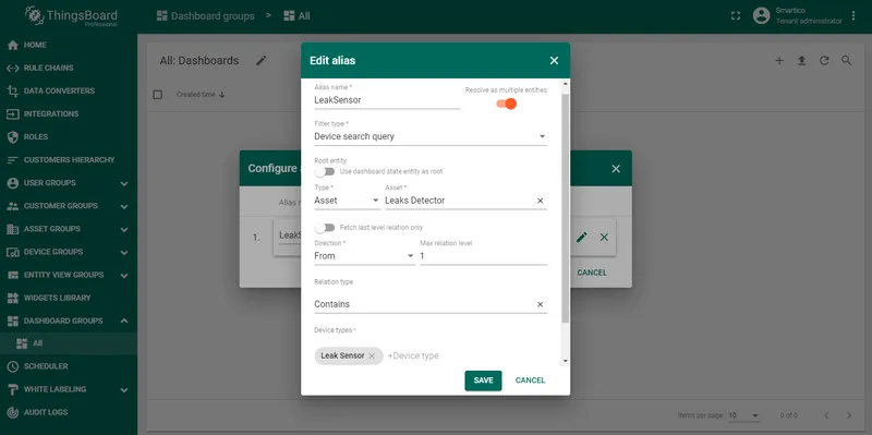 Dashboard alias configuration linking the widget to the Leaks Detector asset