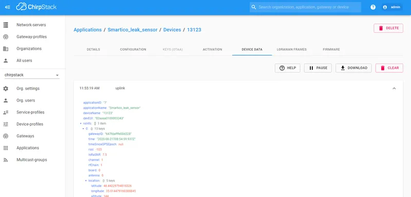 ChirpStack device data page showing live frames from device 13123