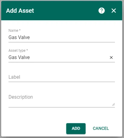 ThingsBoard Assets page creating a new gas valve asset
