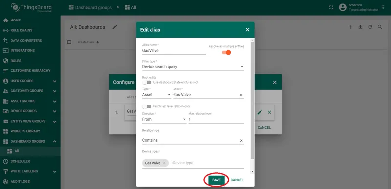 Dashboard alias configuration linking the widget to the Gas Valve asset