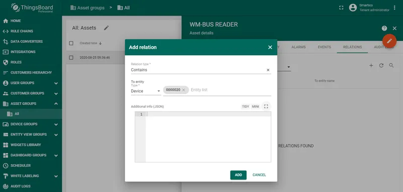 Asset Relations tab with device linked to the wM-Bus reader asset