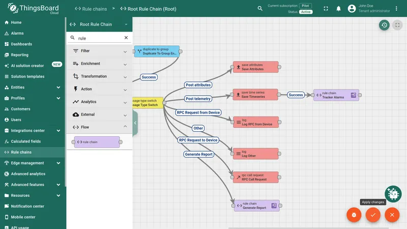 Root Rule Chain linking to Tracker Alarms rule chain