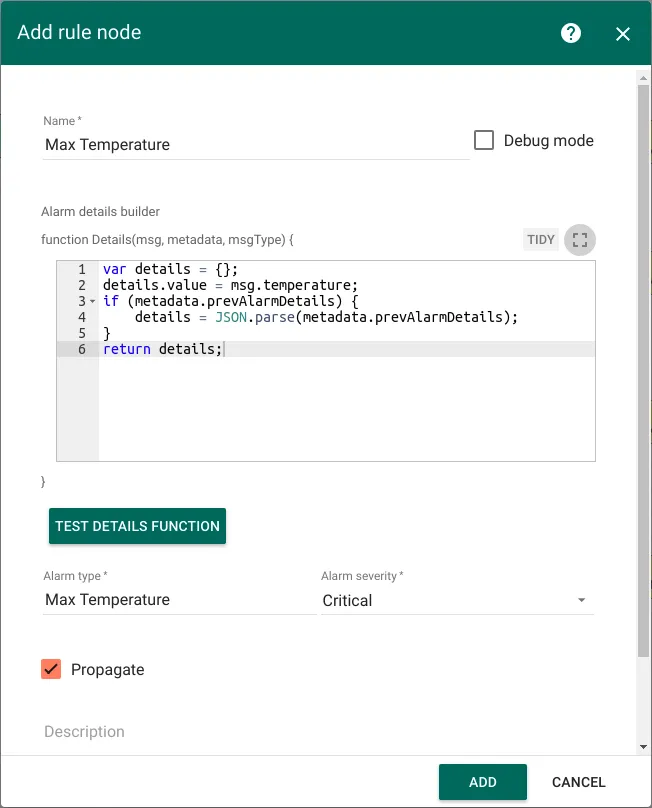 Create alarm node configuration