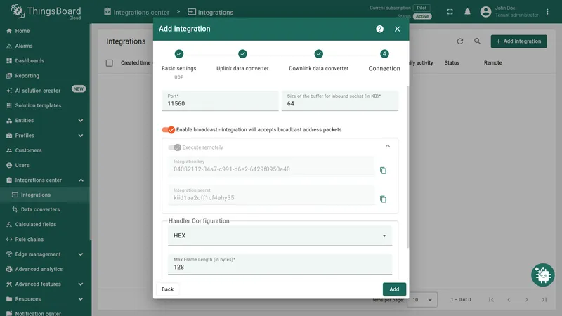 Add integration — Connection settings with port, broadcast, and HEX handler