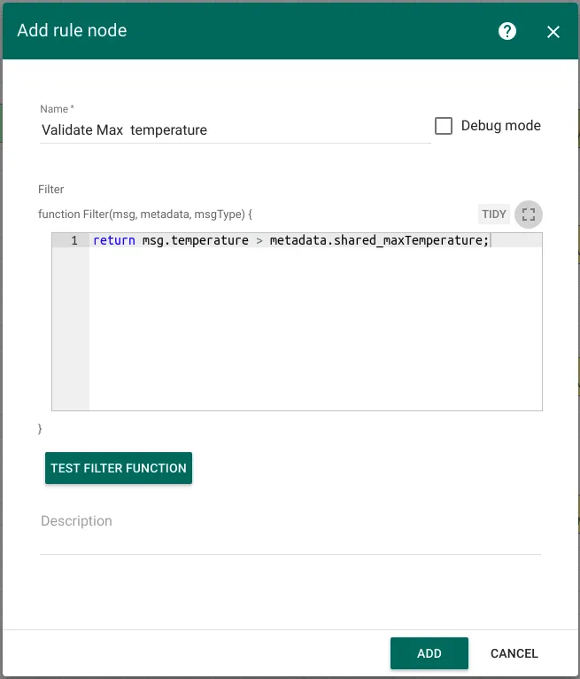 Filter Script node configuration for max temperature threshold
