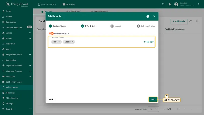 OAuth 2.0 step with a client configured and selected