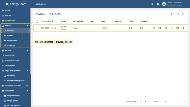Devices section in ThingsBoard account showing the device created on Edge