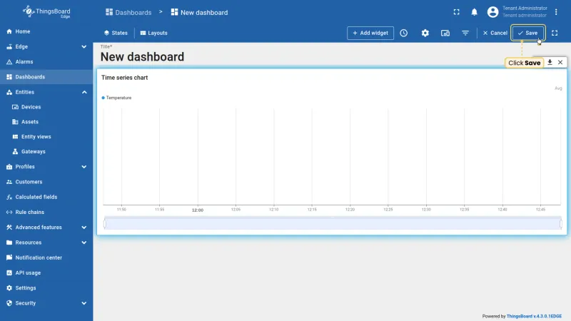 Dashboard with time series chart widget and Save button highlighted