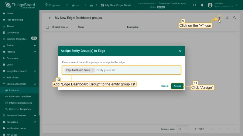 Edge Dashboard Groups page with Assign to Edge button and group dropdown