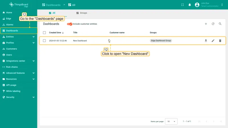 Edge UI Dashboards section showing the assigned dashboard available on Edge