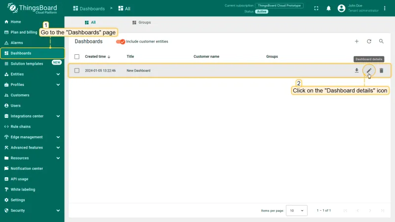 Dashboards section with a new dashboard created on the ThingsBoard server
