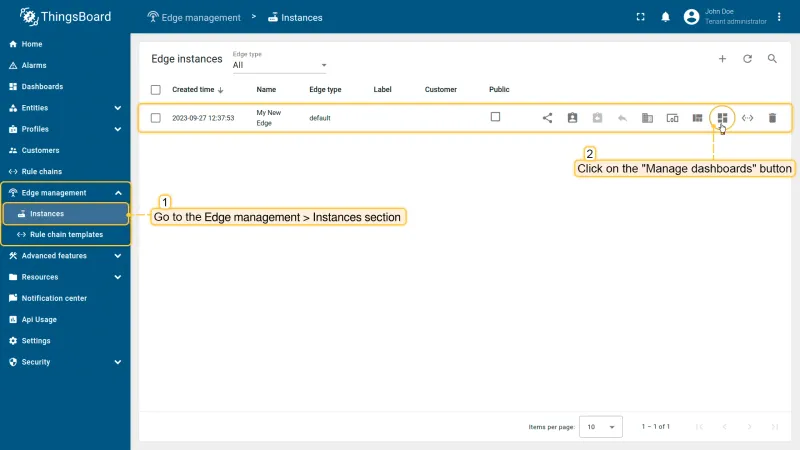 Edge Instances page with Manage dashboards action