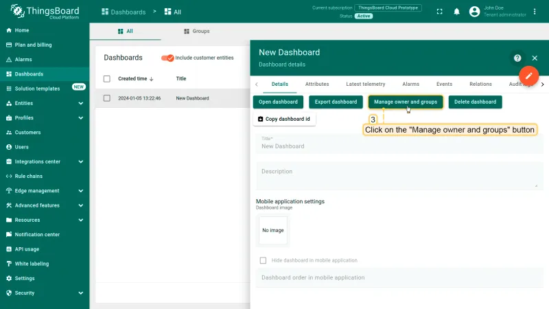 Dashboard details page with Manage owner and groups button