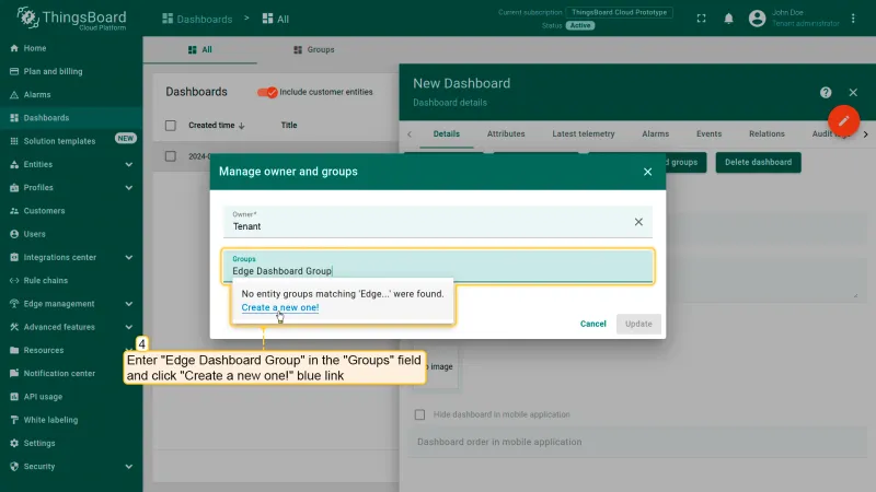 Manage owner and groups pop-up with Groups field and Create a new one option