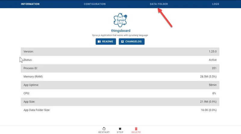 Data Folder tab in the SyrusJS instance view