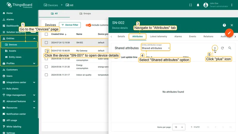 Device SN-002 — Attributes tab with Shared attributes filter selected, no attributes yet, + button highlighted