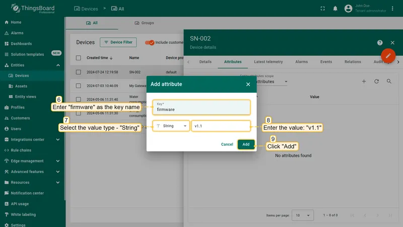 Add attribute dialog: key firmware, type String, value v1.1, Add button highlighted