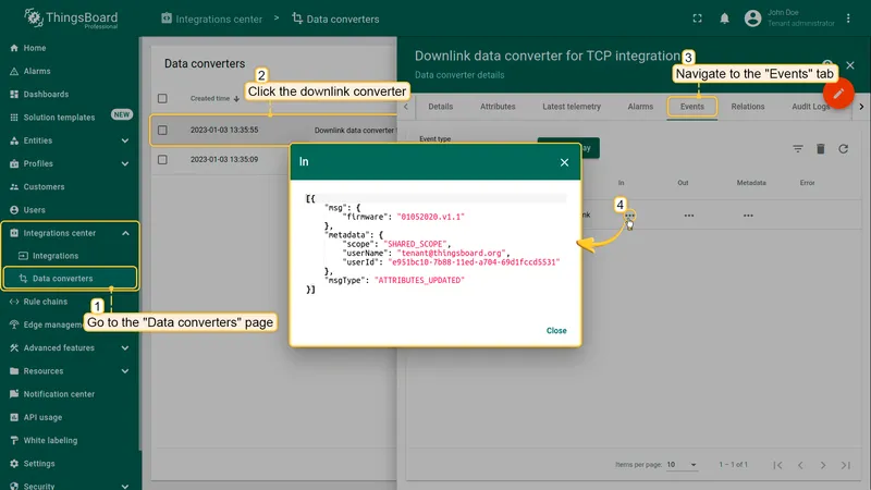 Downlink converter Events tab — In event dialog showing ATTRIBUTES_UPDATED message with firmware attribute from the rule chain