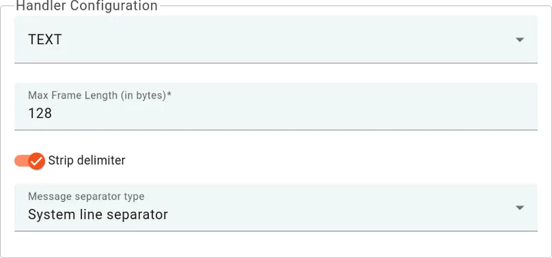 Handler Configuration panel for TEXT: Max Frame Length 128, Strip Delimiter on, Message separator type System line separator