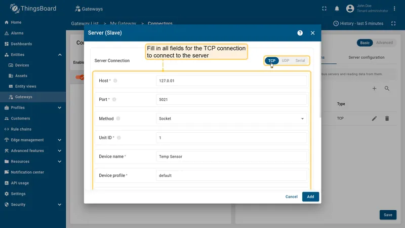 TCP server connection section