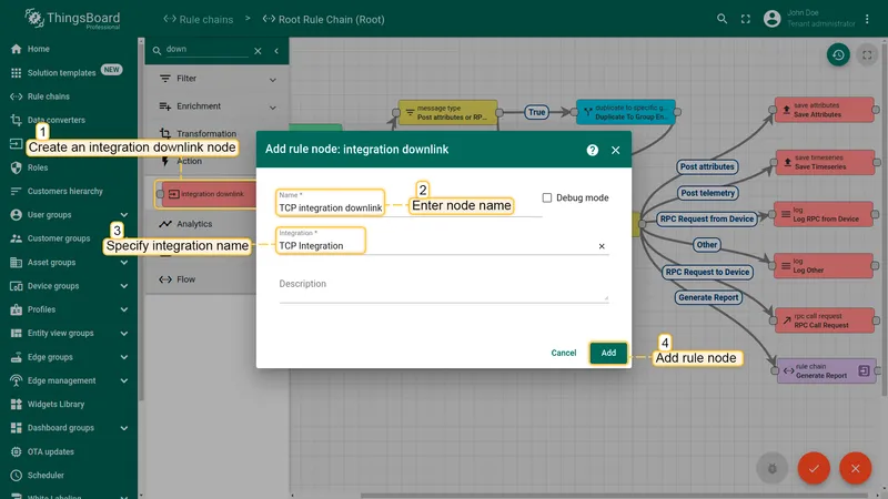 Root Rule Chain — Add rule node dialog: node name TCP integration downlink, integration TCP Integration, Add button