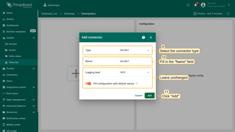 Select "**BACnet**" connector type, fill in the "**Name**" field and click "**Add**" button