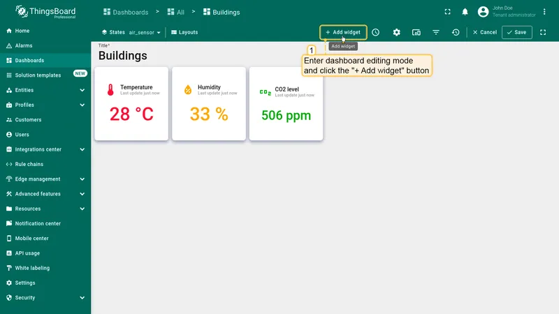 Dashboard in edit mode with Add widget button highlighted