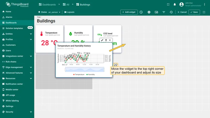 Dashboard with widget being positioned and resized