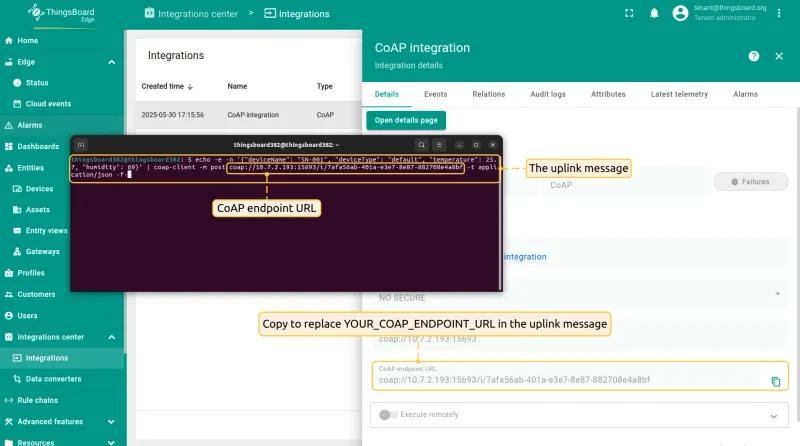Terminal output after sending the JSON payload via coap-client