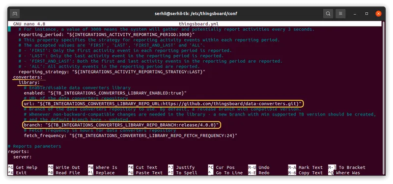 thingsboard.yml — converters library repo URL and branch configuration